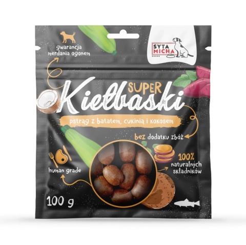 Syta Micha - Super kiełbaski z pstrągiem, batatem, cukinią i kokosem 100g