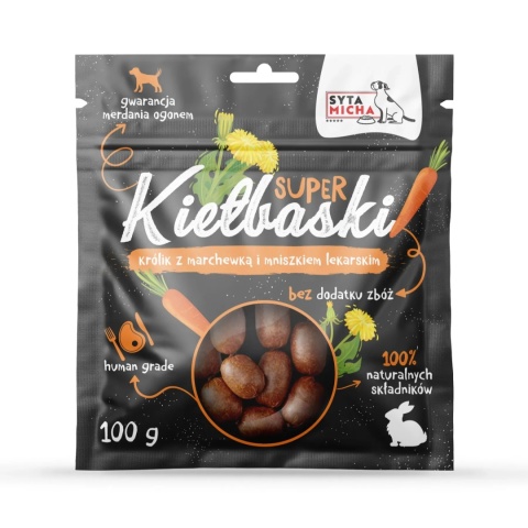 Syta Micha - Super kiełbaski z królikiem, marchewką i mniszkiem 100g