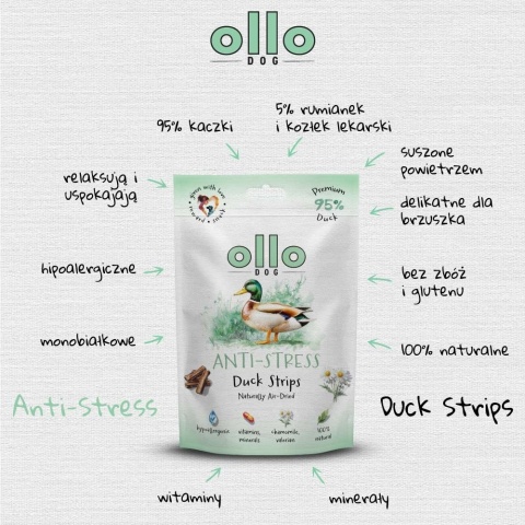 Ollo Air-Dried Anti-Stress Duck Strips - Przysmaki funkcyjne dla psa 80g