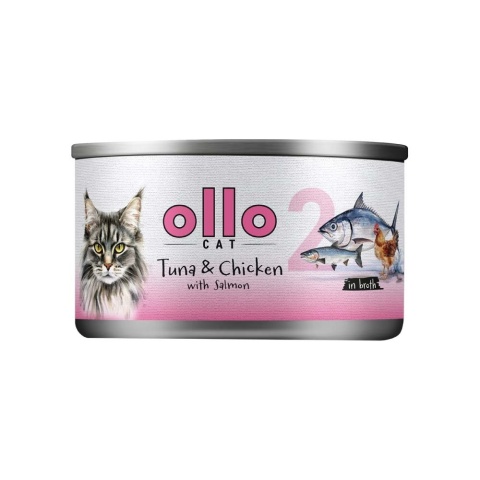 Ollo Cat - nr 2 Tuńczyk i Kurczak z Łososiem - Uzupełniająca karma mokra dla kota w bulionie 70g