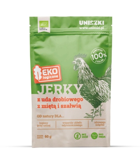 Uniszki - Ekologiczne jerky z uda drobiowego z miętą i szałwią 60g